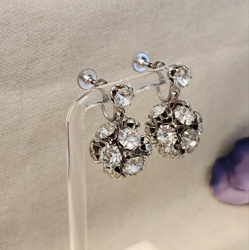 Vintage Silver Drop Earrings with Crystal Medallion